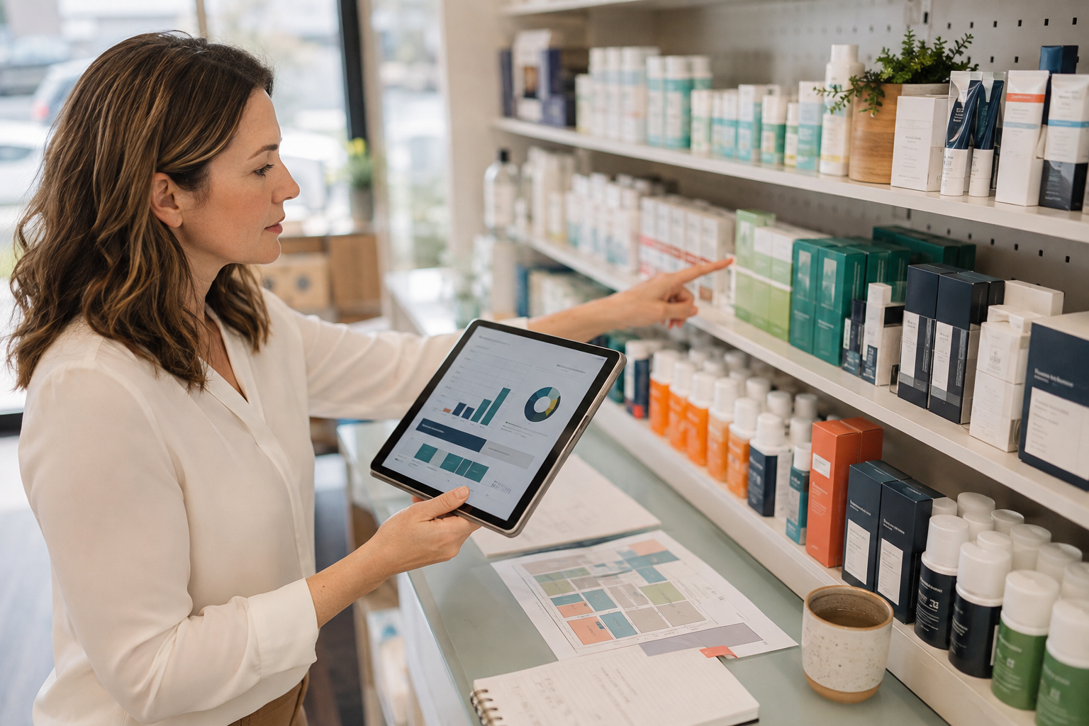 Pharmacist analyzing product assortment and shelf performance with a tablet