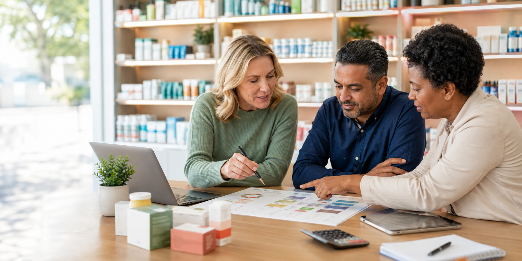 Pharmacy professionals reviewing category performance and retail strategy together